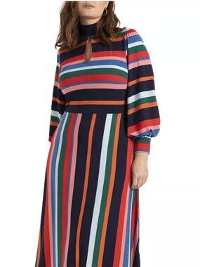 Eloquii Multicolor Stripe Midi Dress Bishop Sleeves Mock Neck Keyhole Size 16